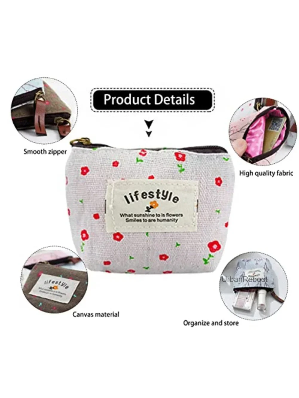 Canvas Coin Purse Set Mini Zipper Pouch Wallet 4 Pc Floral